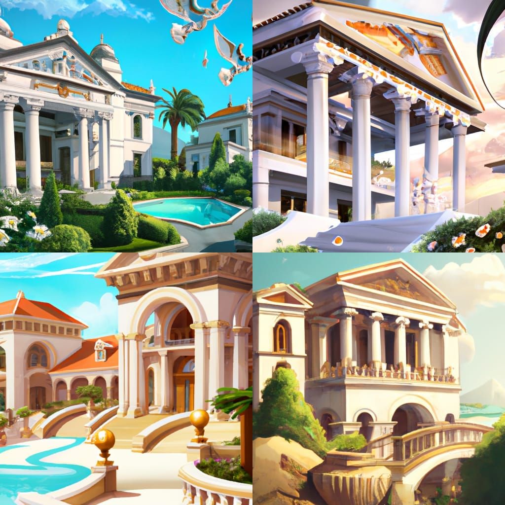 the shot of a VILLA in greek style architecture by Ismail Inceoglu, Yana Toboso, Pablo Amaringo, Hayao Miyazaki, Ruan Ji...