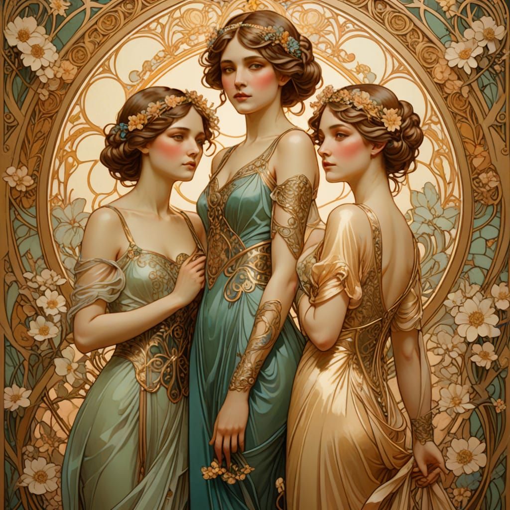 Elegant Art Nouveau Portrait of Three Women