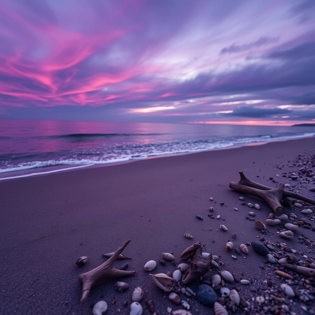 Purple Beach Dusk Captured in Hyperrealism