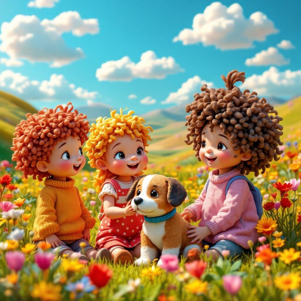 Whimsical Clay Meadow: Textured Kids Play with Clay Puppy