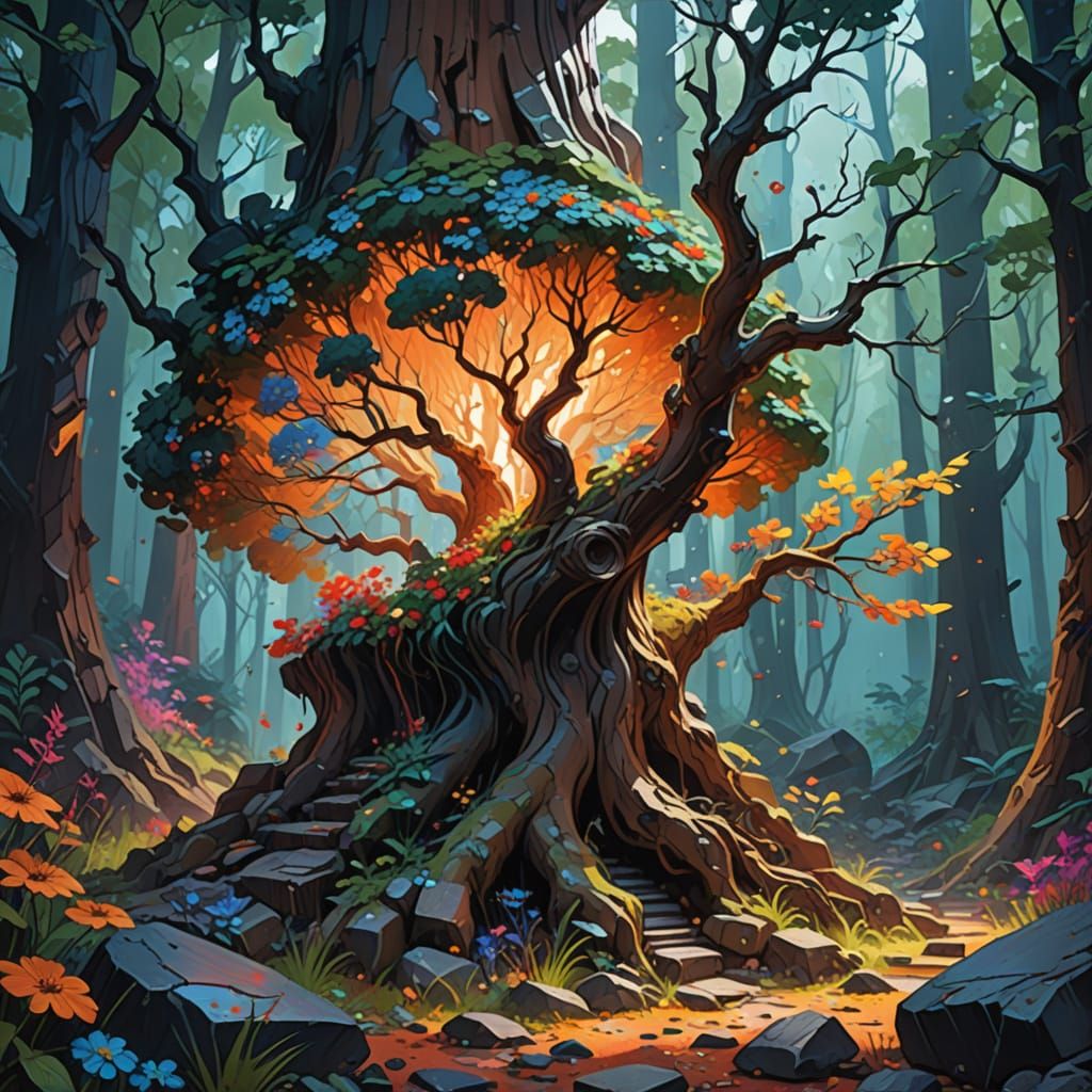 Vibrant Forest Encounter in Whimsical Pop Art Style