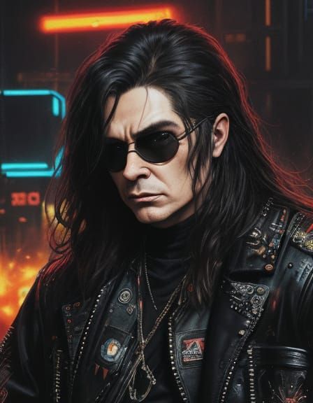 Ozzy Osbourne Cyberpunk Guitarist in Grunge Oil Painting