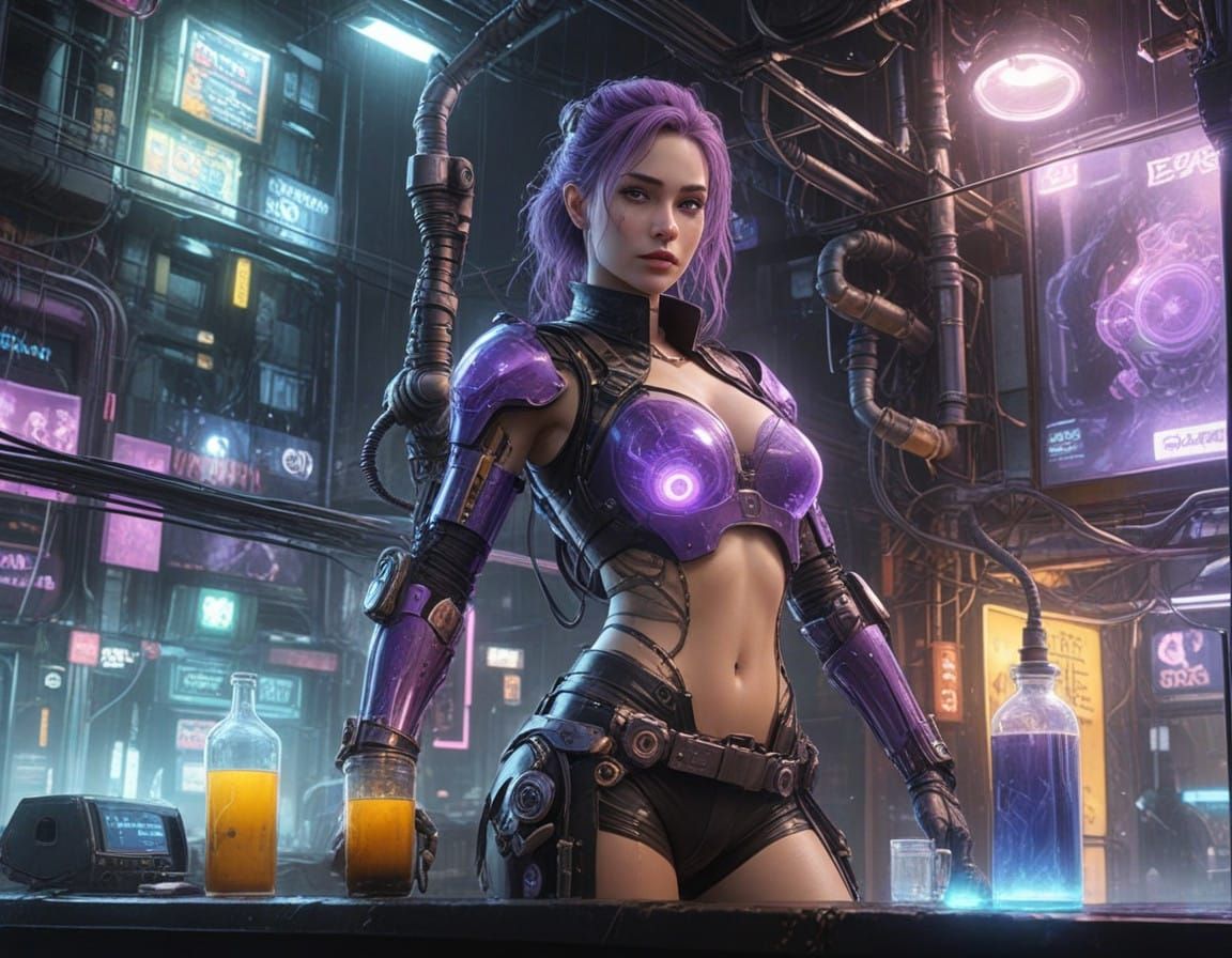 Cyberpunk Mad Scientist in Dystopian Metropolis