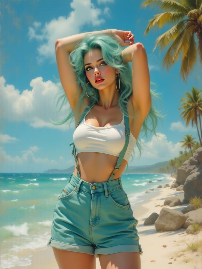 Confident Woman with Blue Hair on Tropical Boulevard