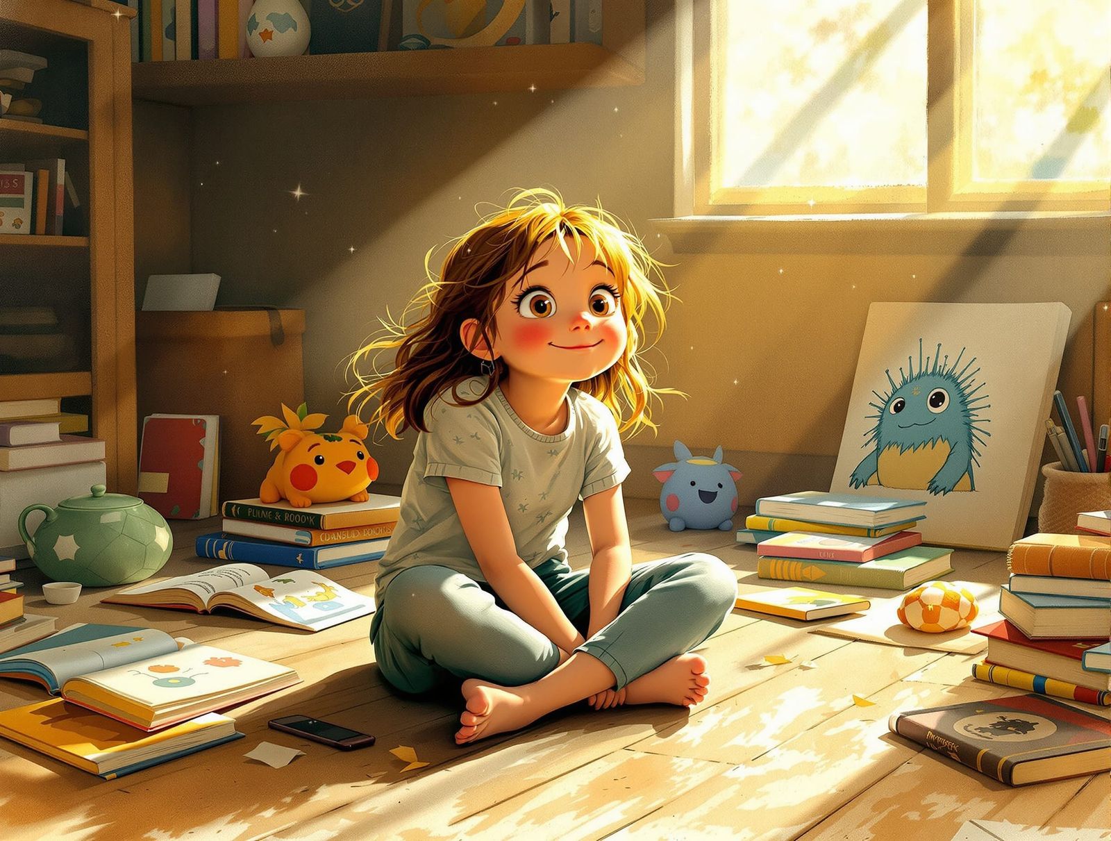 Girl Reading Storybooks in Warm Nostalgic Light