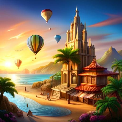 Children Play on Beach with Hot Air Balloons