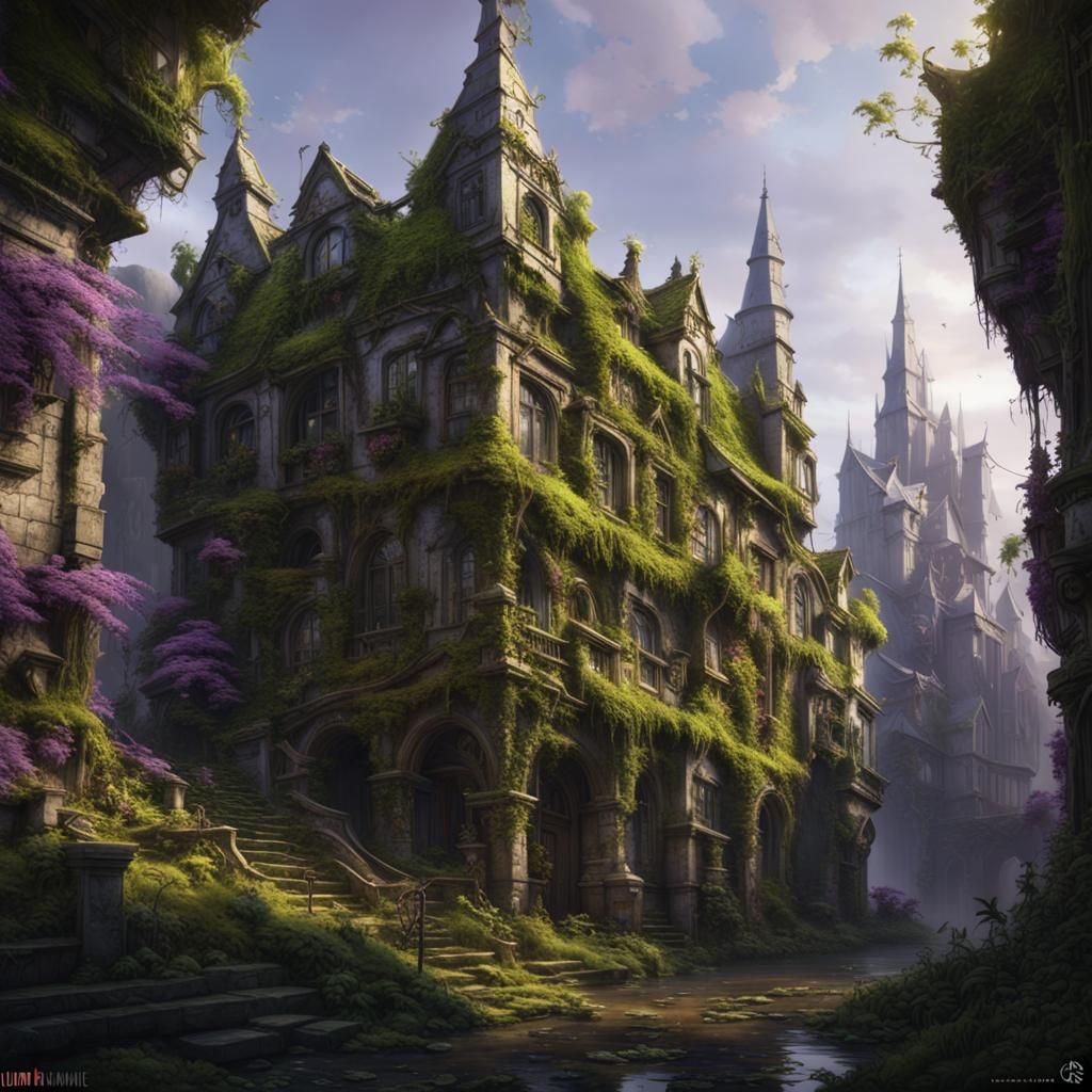Overgrown City in Dark Fantasy Style