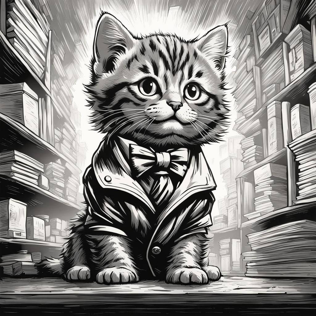Kitten as Einstein in Tenniel Style Drawing