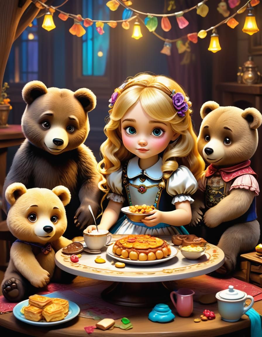 Goldilocks and Bears in Jasmine Becket-Griffith Style
