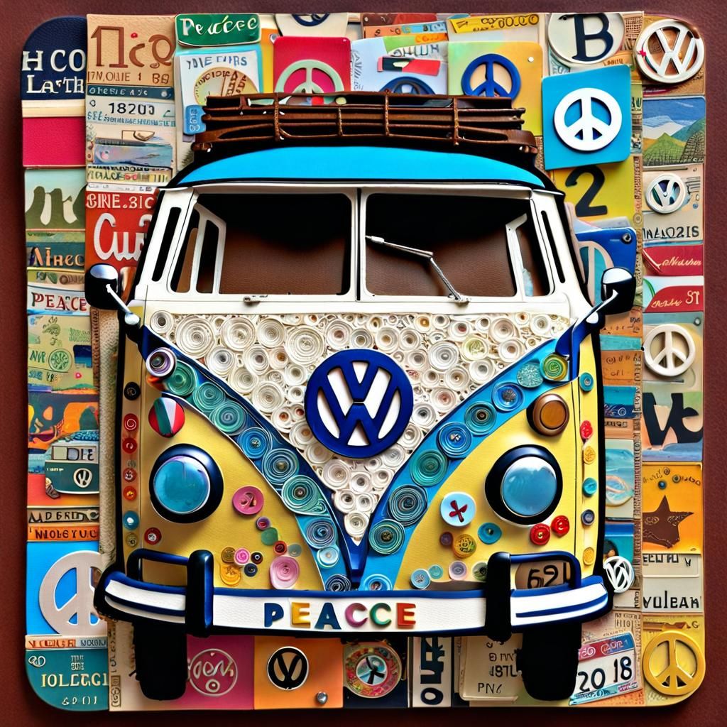 Volkswagen Van in Mixed Media Collage Art