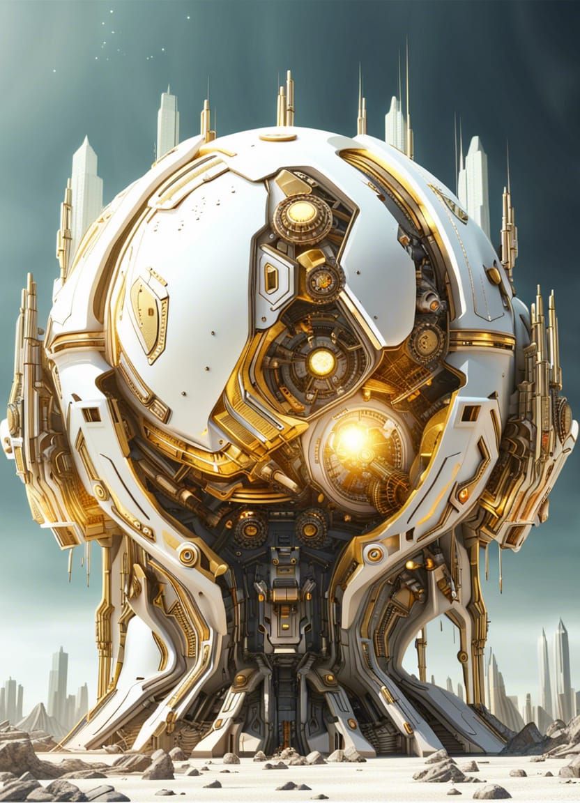 Futuristic Alien Planet of White and Gold Mechanics