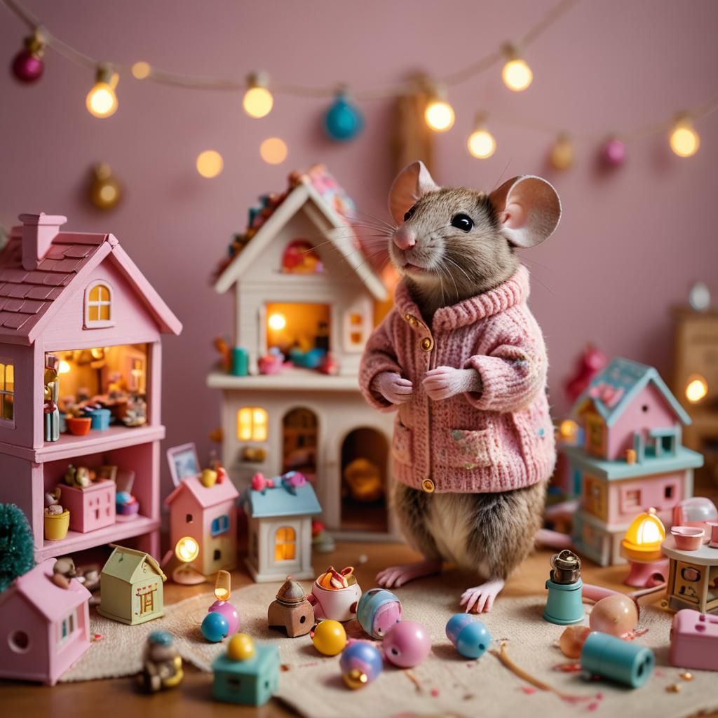 Pastel Still Life: Mouse in Pink Dollhouse