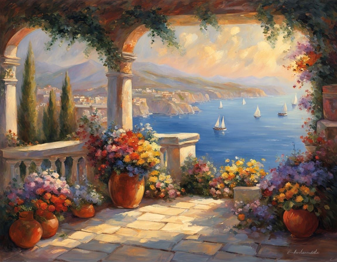 Sunlit Sicilian Terrace Cafe Overlooking Mediterranean Sea