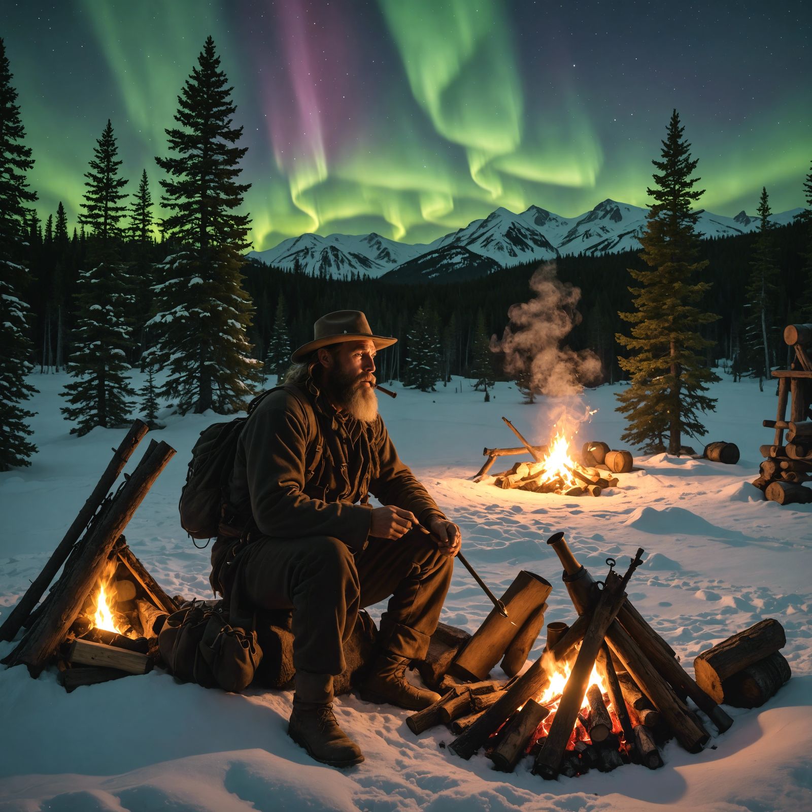 Mountain Man Gazing at Aurora Borealis