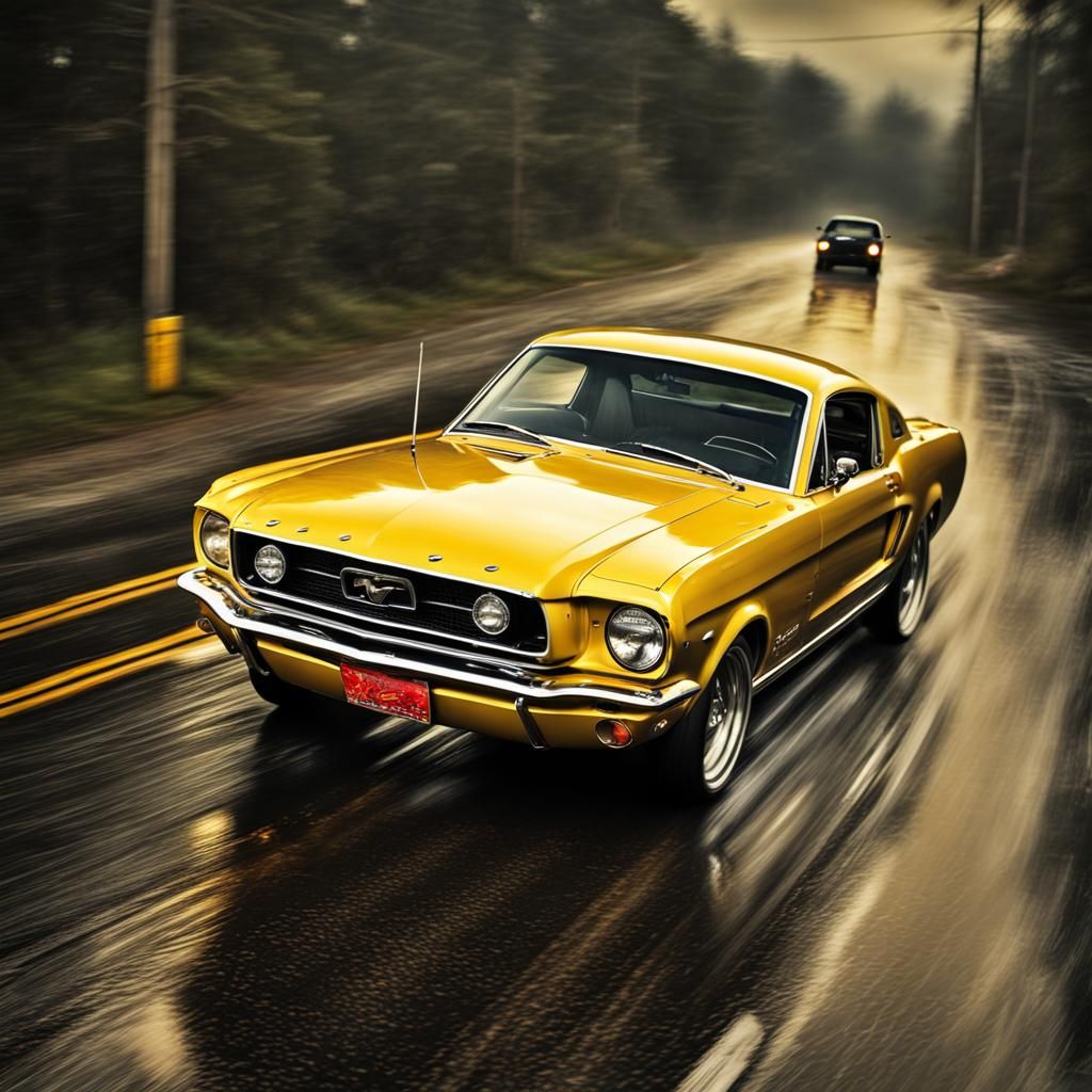 Yellow Mustang on Wet Road in Hyperrealistic Style