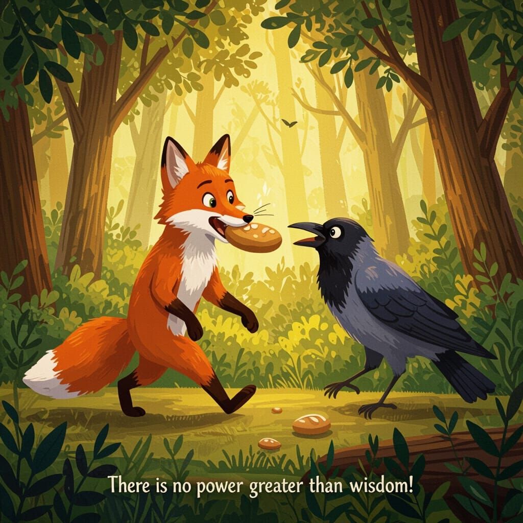 Clever Fox Tricks Crow for Bread in Folk Art Style