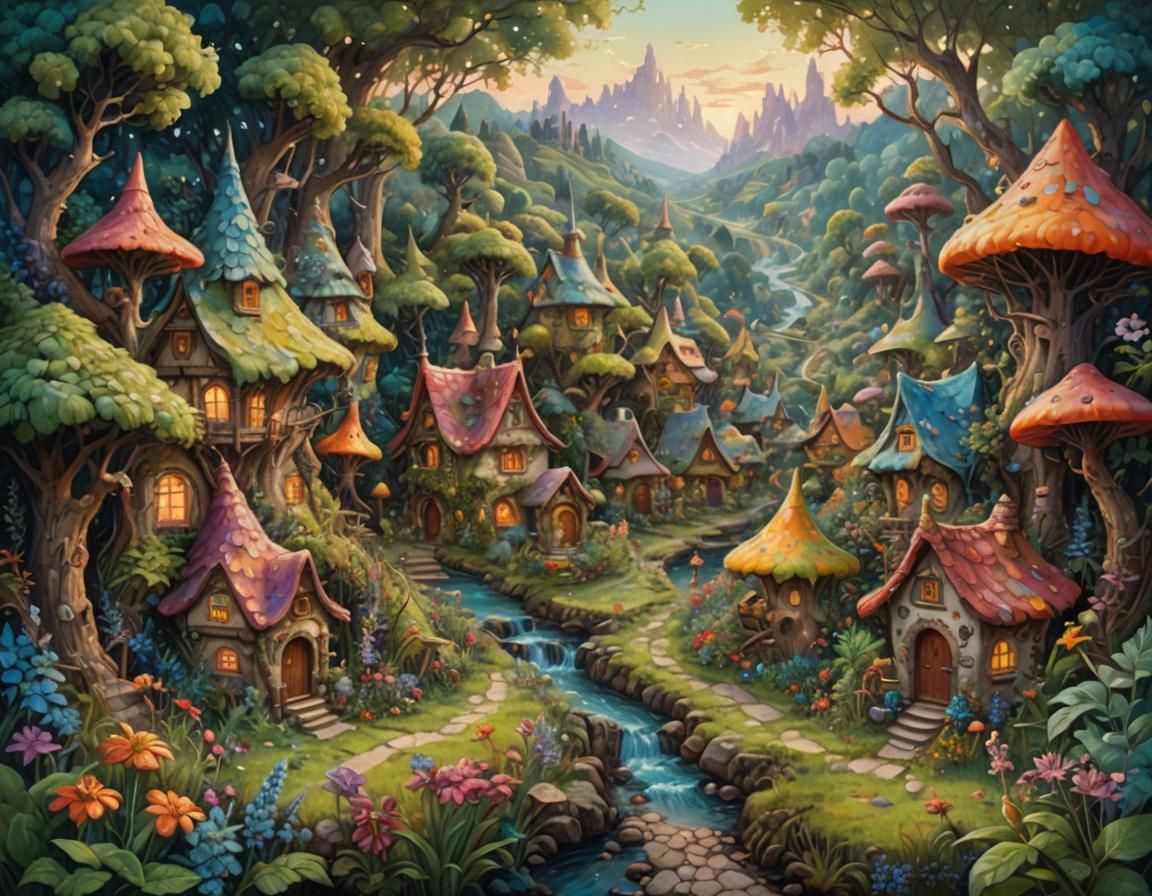 Faerie Village in Dreamlike Landscape as Oil Painting