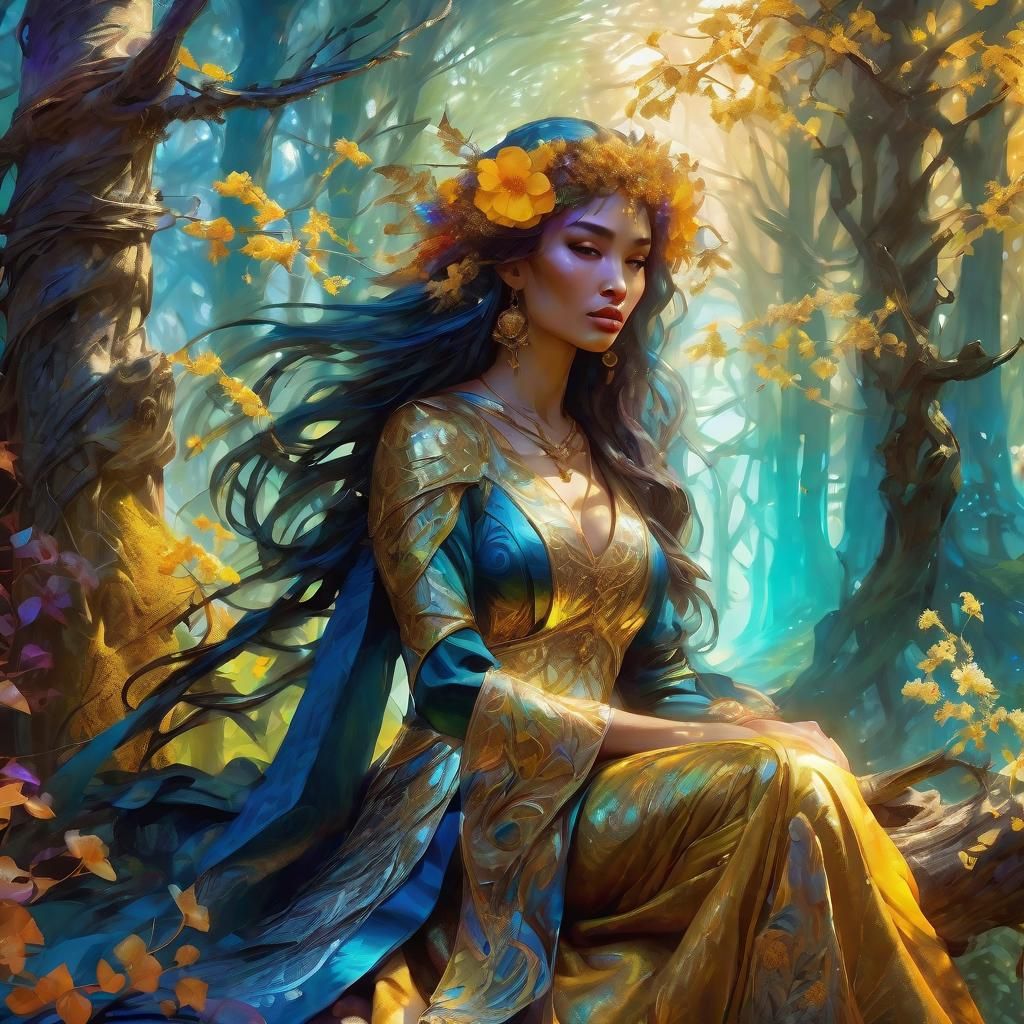 Enchantress in Forest with Golden Magic, Art Nouveau Style
