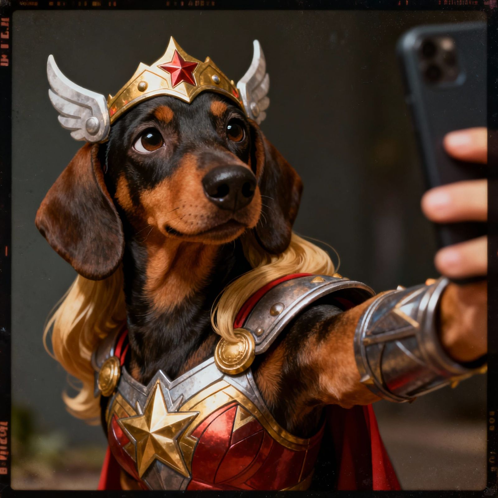 Dachshund Warrior Princess Selfie in 35mm Film Style