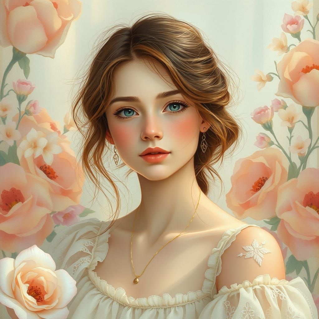 Ethereal Young Woman in Impressionist-Inspired Floral Paradi...