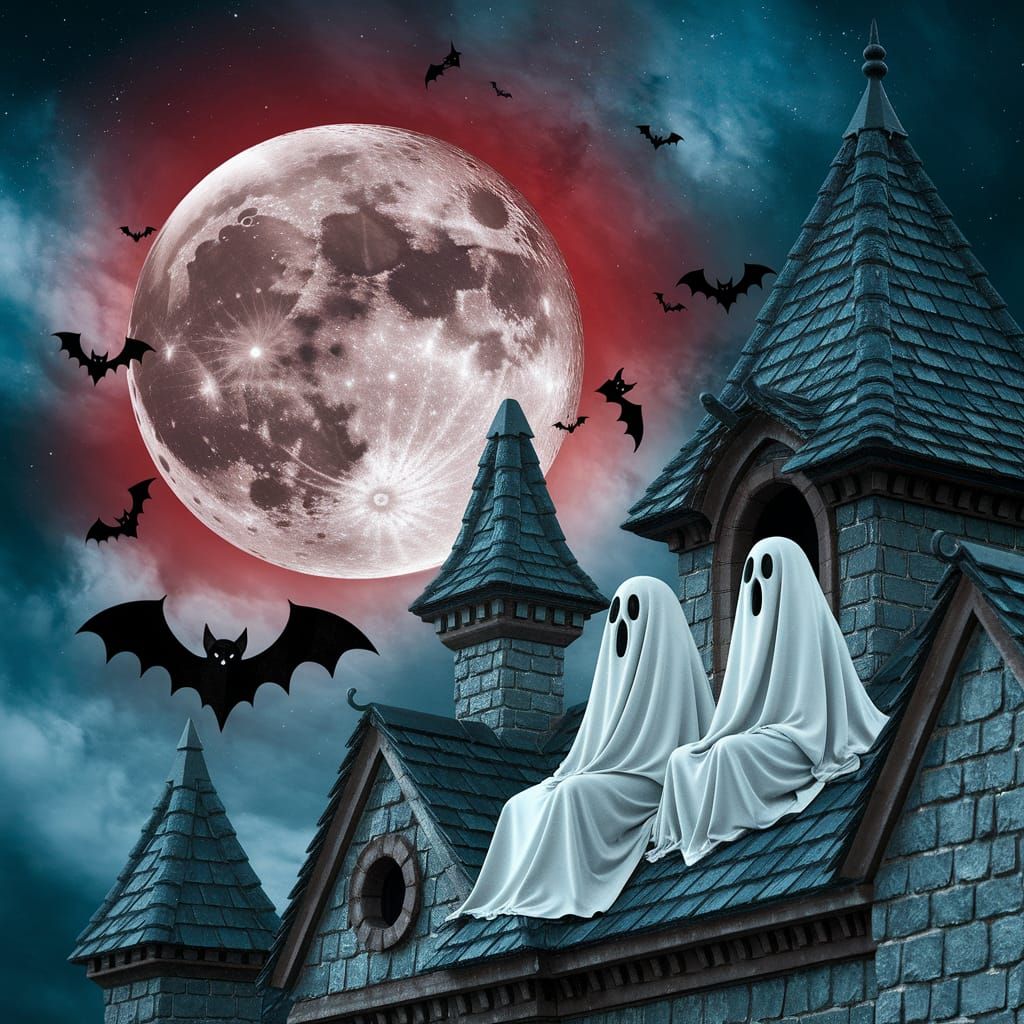 Hyperdetailed Red Moon Over Haunted Castle with Bats and Gho...