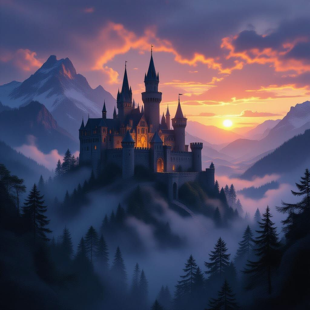 Medieval Castle in Misty Forest at Sunset