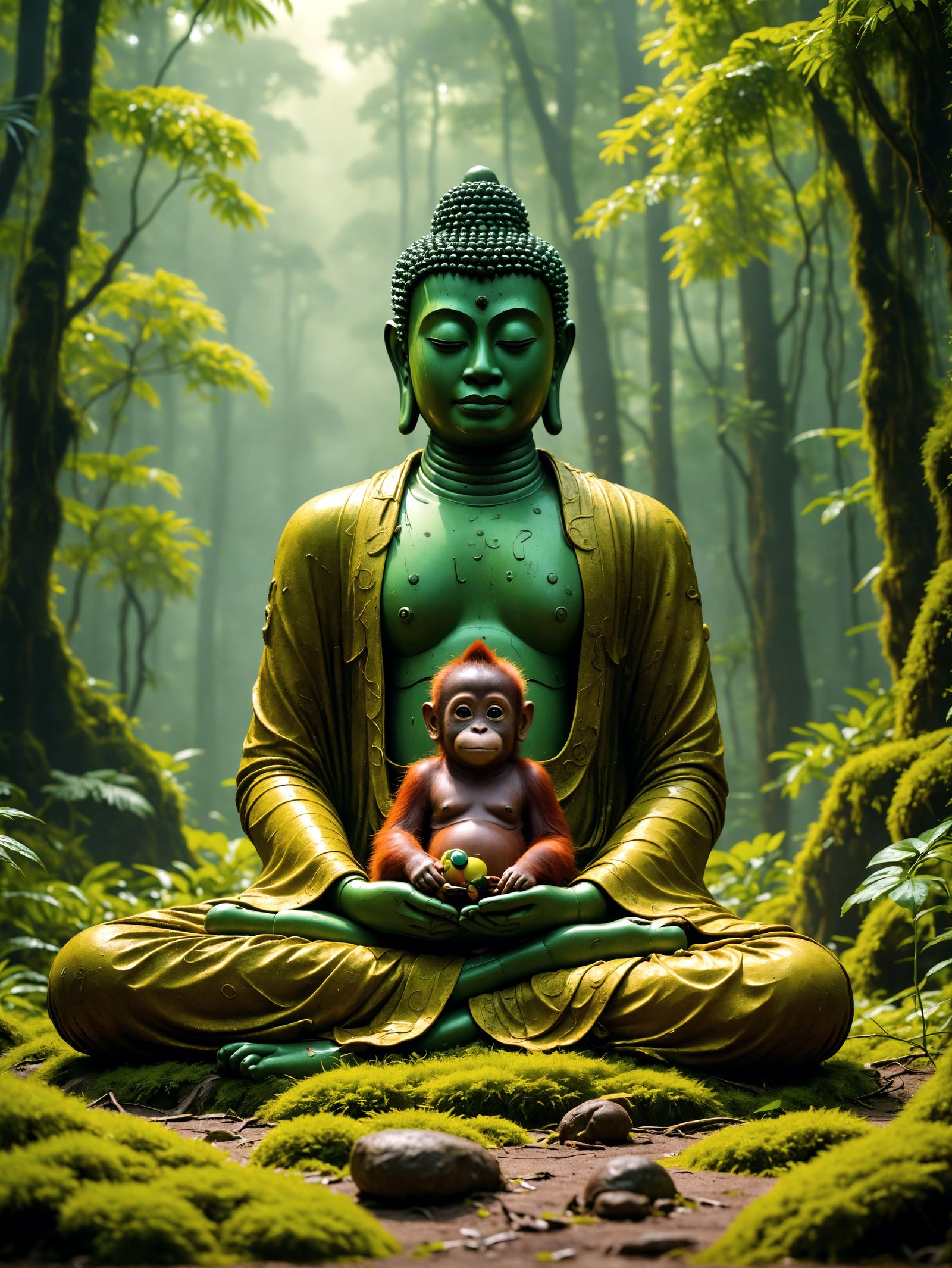 Robot Buddha Meditates with Baby Orangutan on Vibrant Cloud
