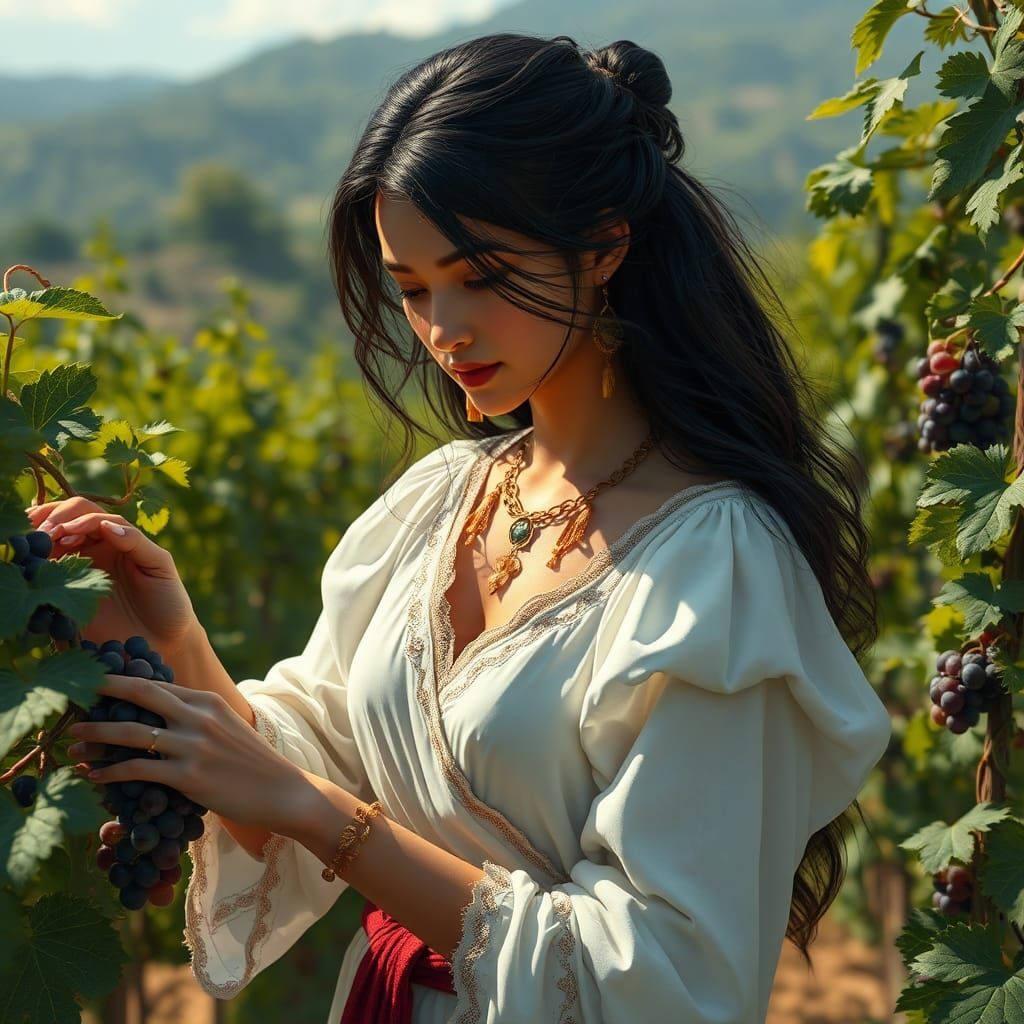 Beautiful Woman Picking Grapes in a Vineyard