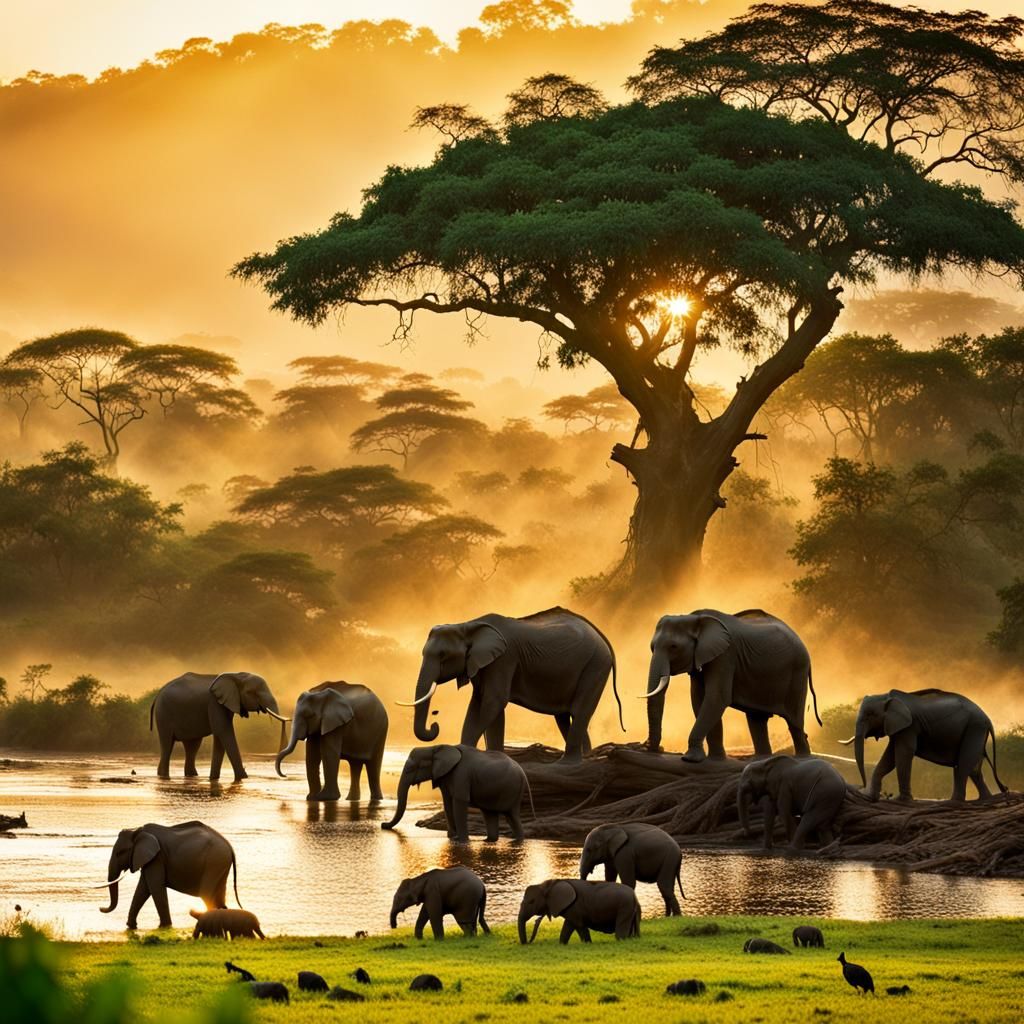 Sri Lankan Elephants Bathing: Digital Painting