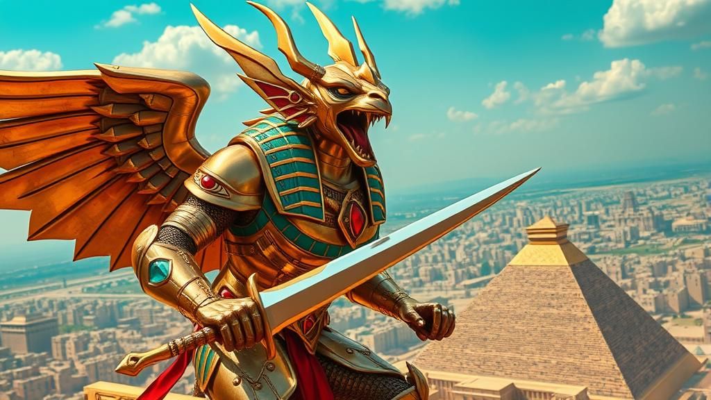 Golden Jeweled Gargoyle Knight Roaring Atop Pyramid