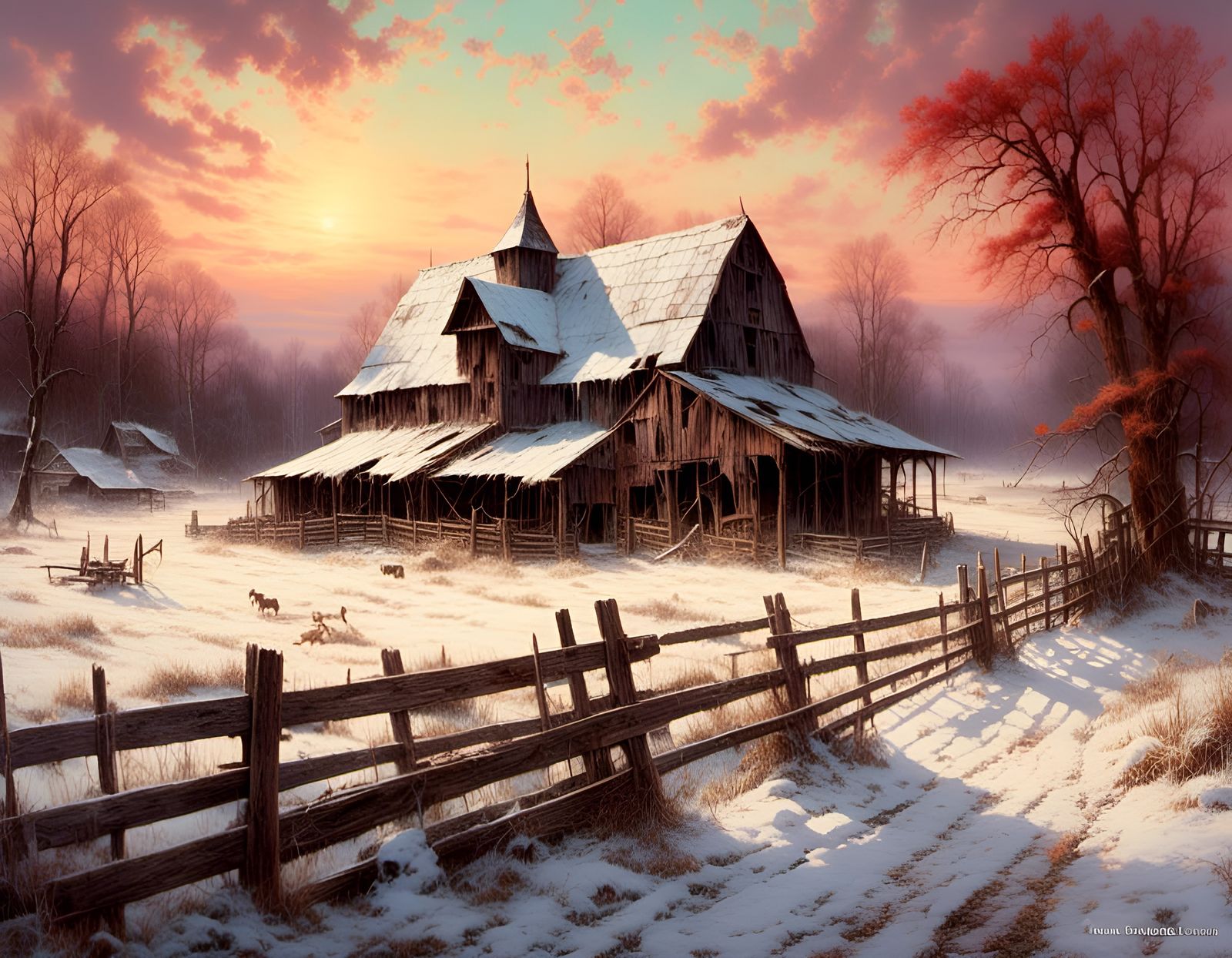 Winter Barn in Ukiyo-e Style Illustration