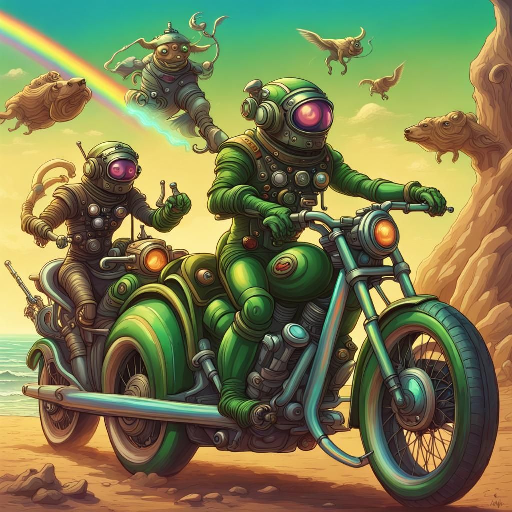 Martians on Motorcycle with Spaceship Lasers