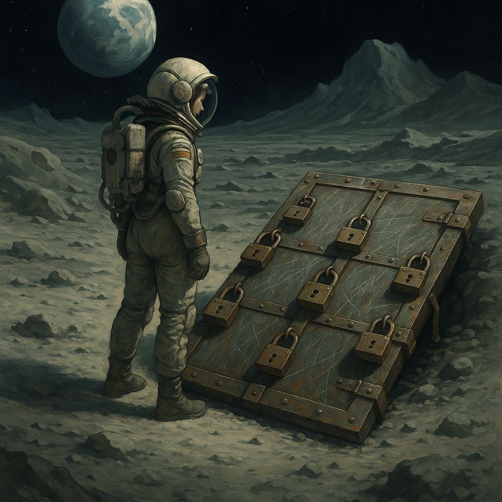 Woman on Moon Gazing at Padlocked Door