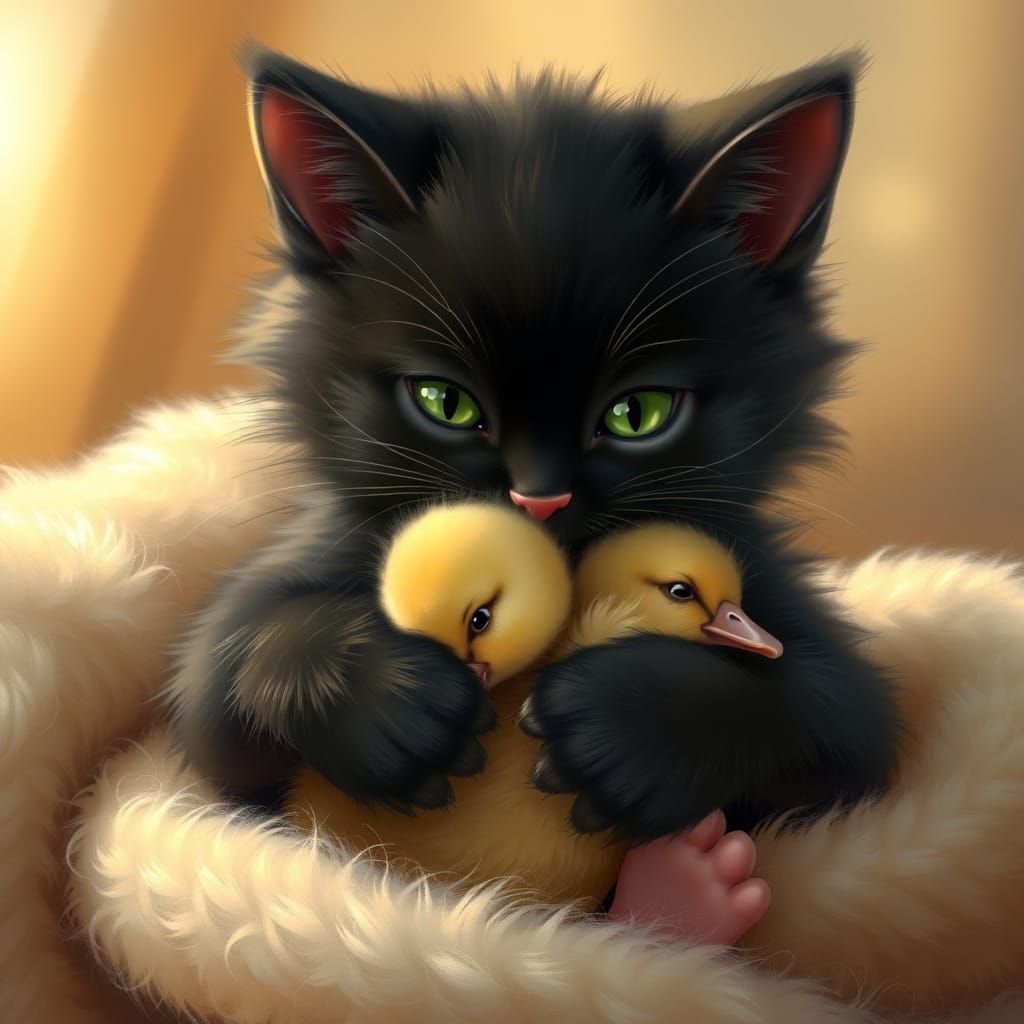 Cozy Cat and Duckling in Whimsical Warmth