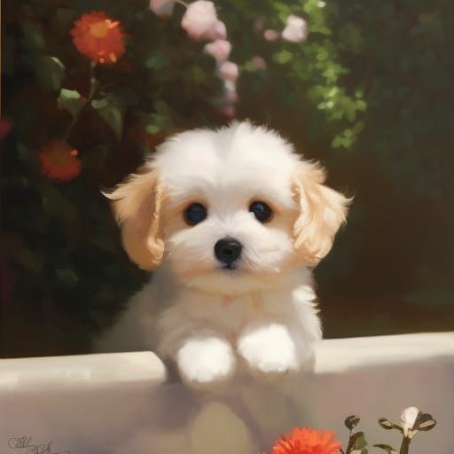 Happy Maltese Puppy with Big Eyes, Digital Illustration