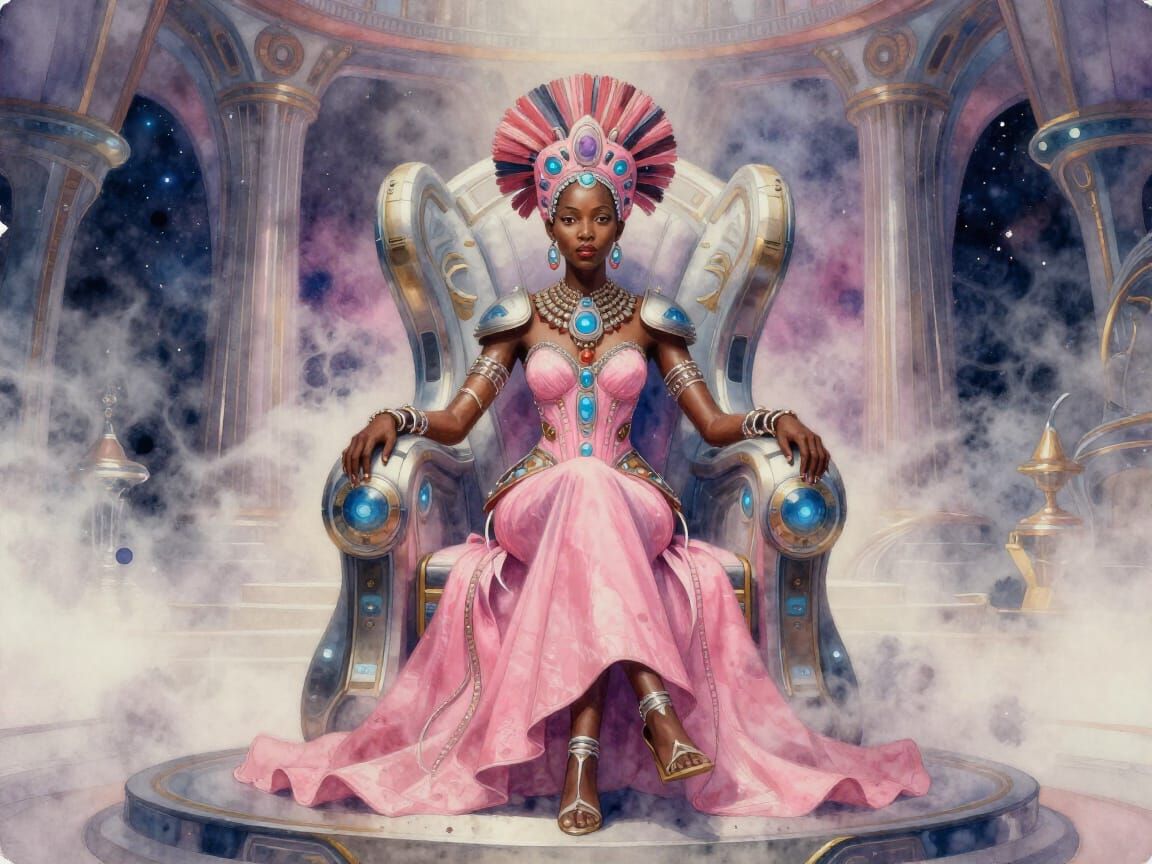 Afrofuturist Queen in Cyberpunk Pink Dress on Cosmic Throne