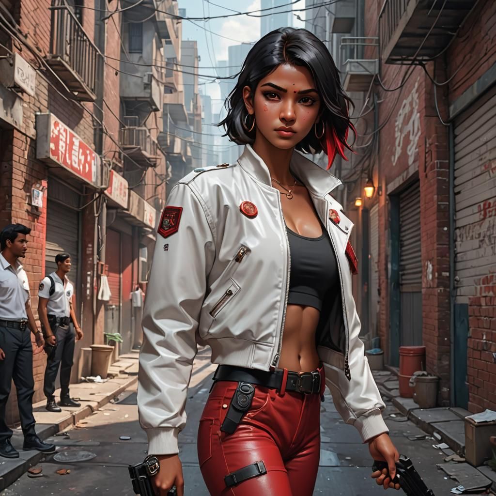 Indian Woman Detective in City Alley, Anime Art
