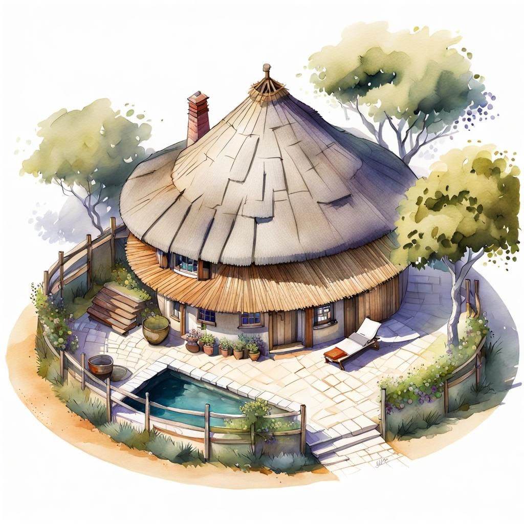 Isometric Adobe Round House Watercolor Sketch