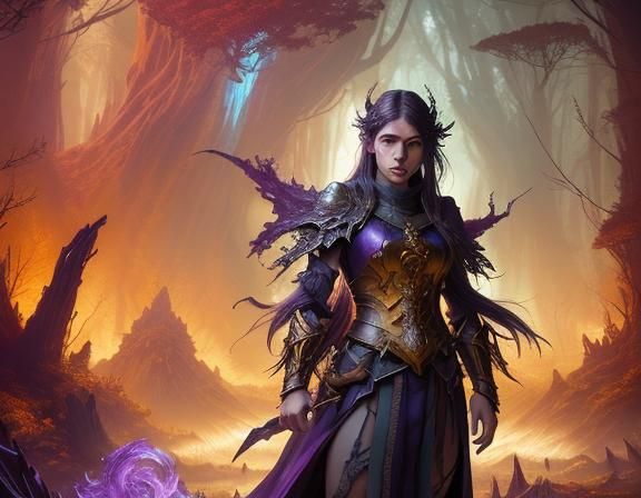 Mystical Warrior in Dark Fantasy Forest, Hyperdetailed Art