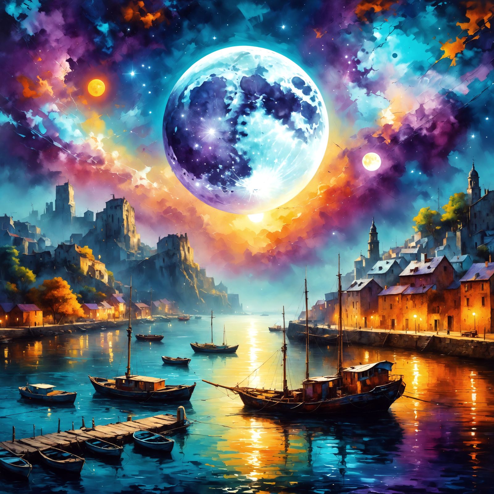 Majestic Harbor Under a Vibrant Cosmic Moon