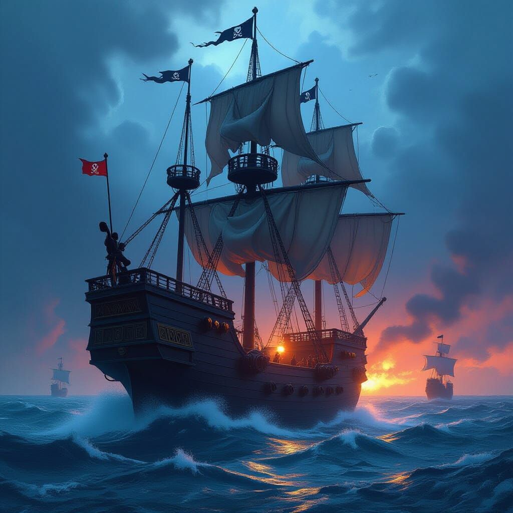Pirate Ship Amidst Storm in Dark Fantasy Style