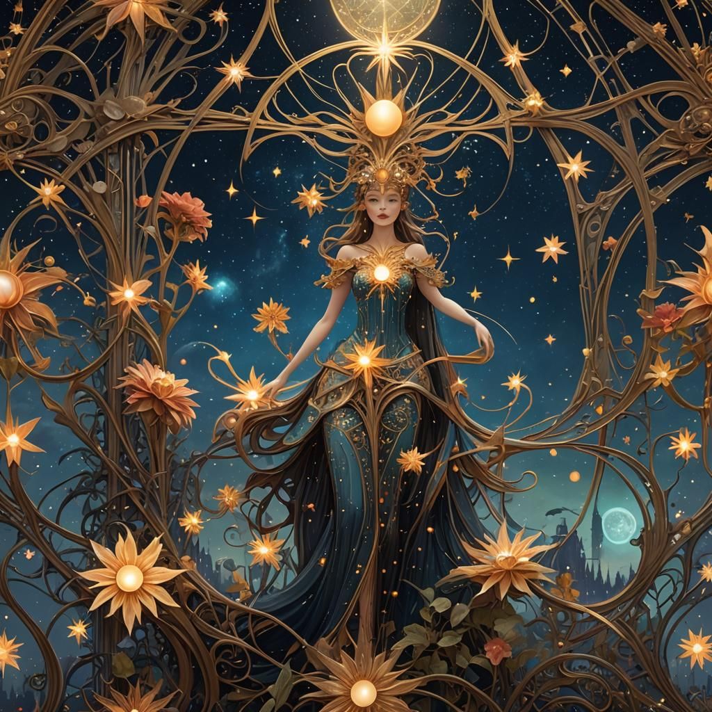 Art Nouveau: Shining Beings in Starry Night Sky