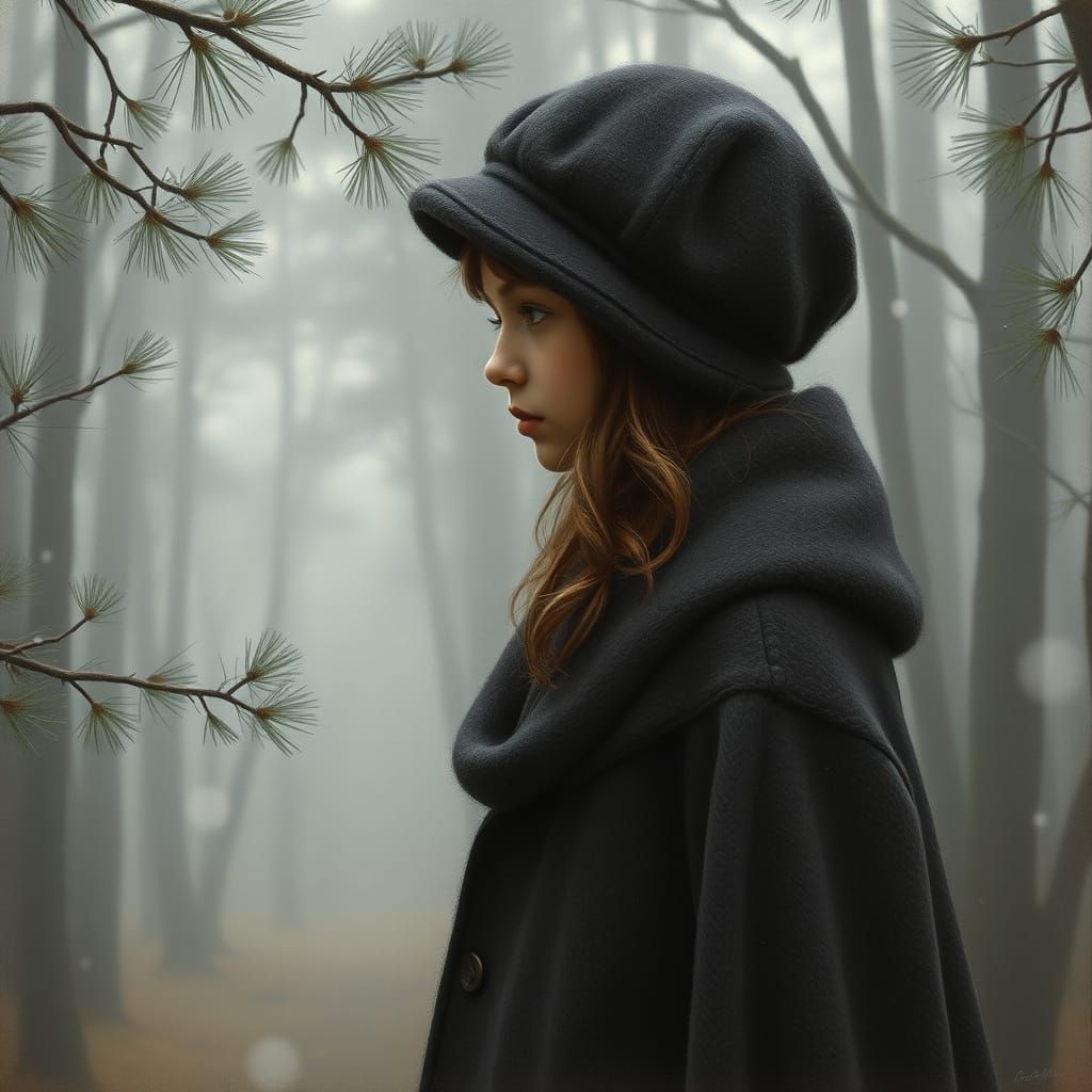 Melancholic Girl in Autumn Forest, Art Nouveau Style