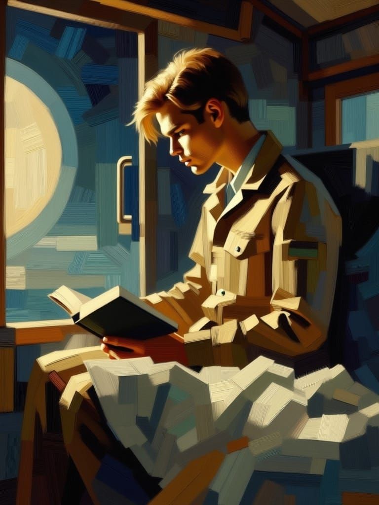 <lora:MidnightOil:1.0>medium format storybook painting of 1boy, solo, male focus, moody, blue-eyed blonde man in a khaki...