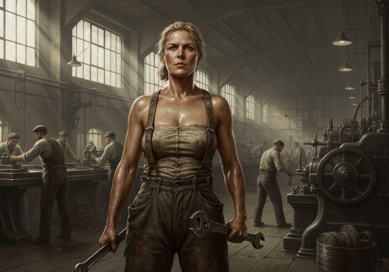 Determined Woman Worker in 19th Century Factory
