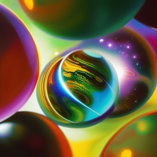 Planetary Cat's Eye Marbles in Hyperrealistic Splash Art