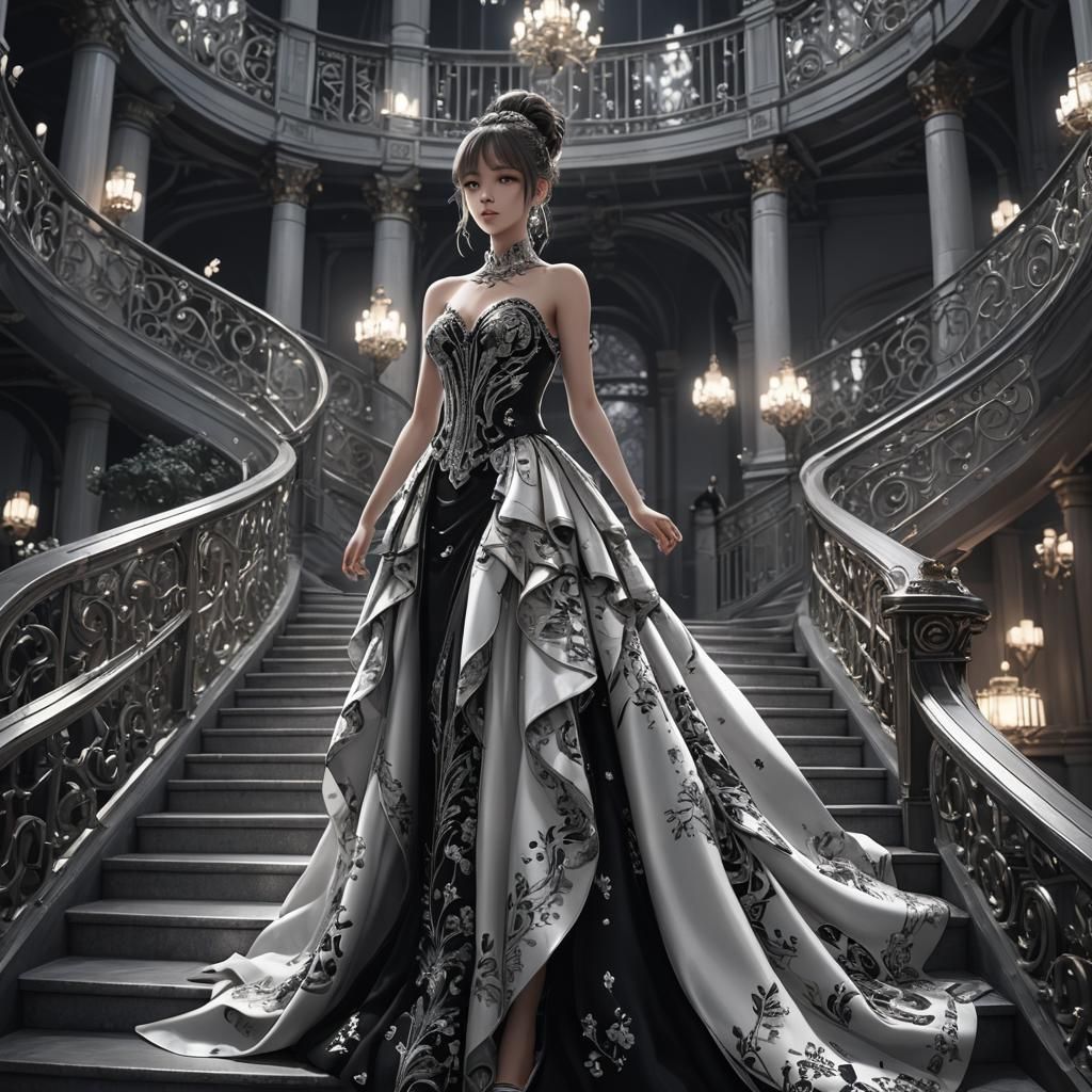Elegant Woman Descends Staircase: 3D Anime Art