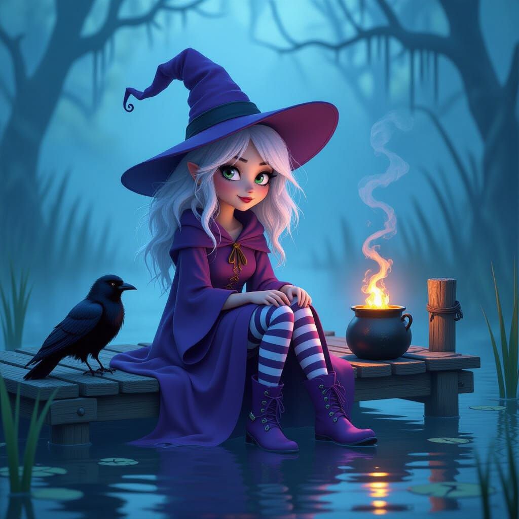 A whimsical cartoon witch in a long purple robe and pointy h...