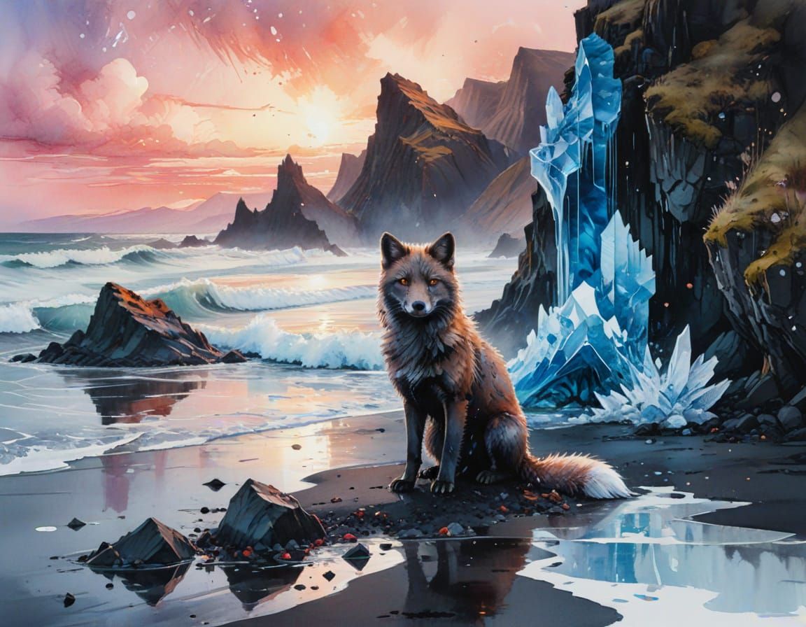 Arctic Fox on Frozen Icelandic Beach at Sapphire Dawn