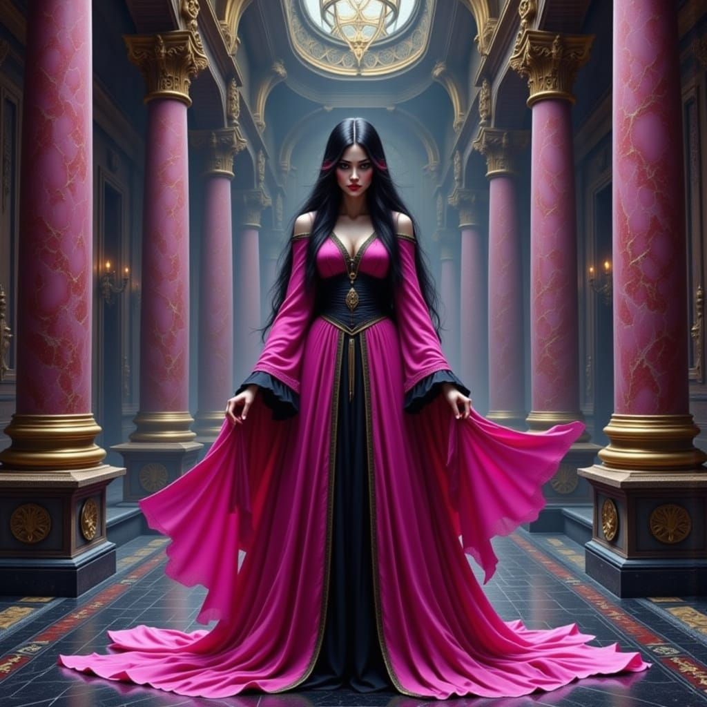 Pink and Black Priestess in Gothic Temple